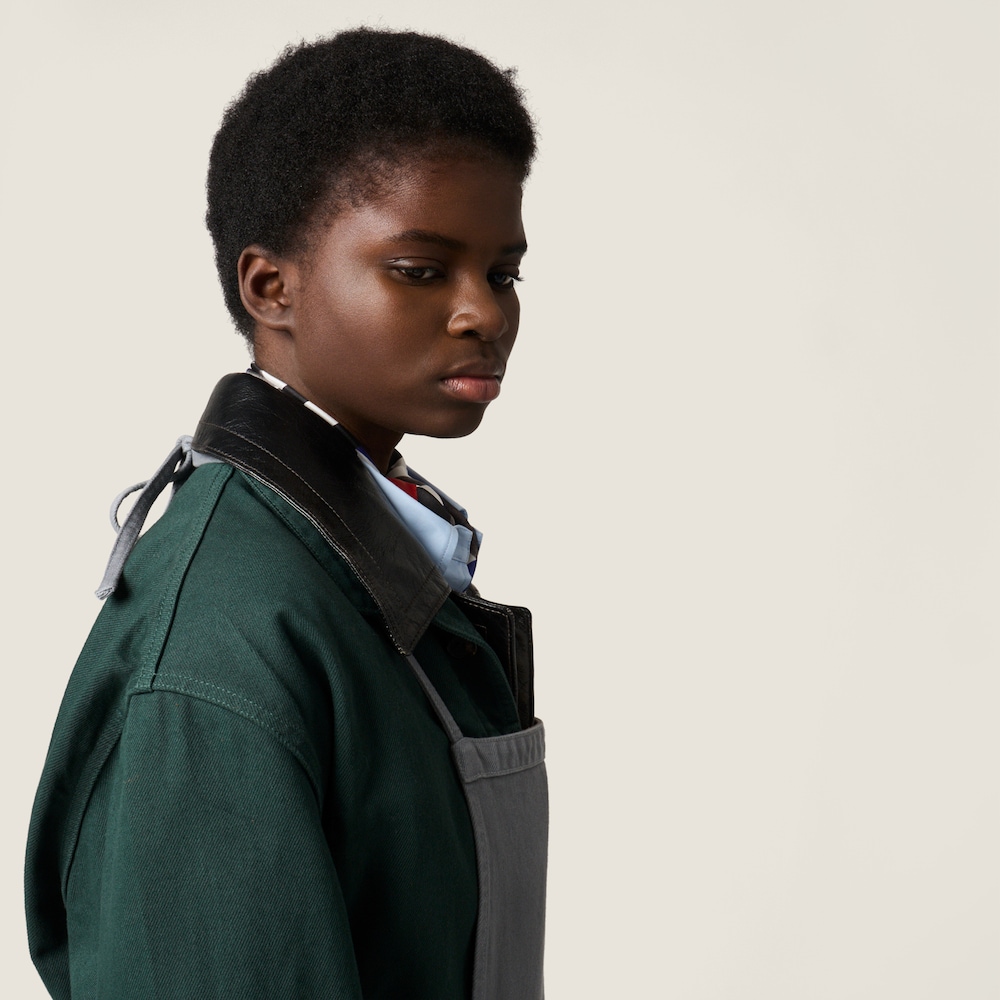 Miu Miu Single-breasted garment-dyed gabardine and leather jacket Bottle Green