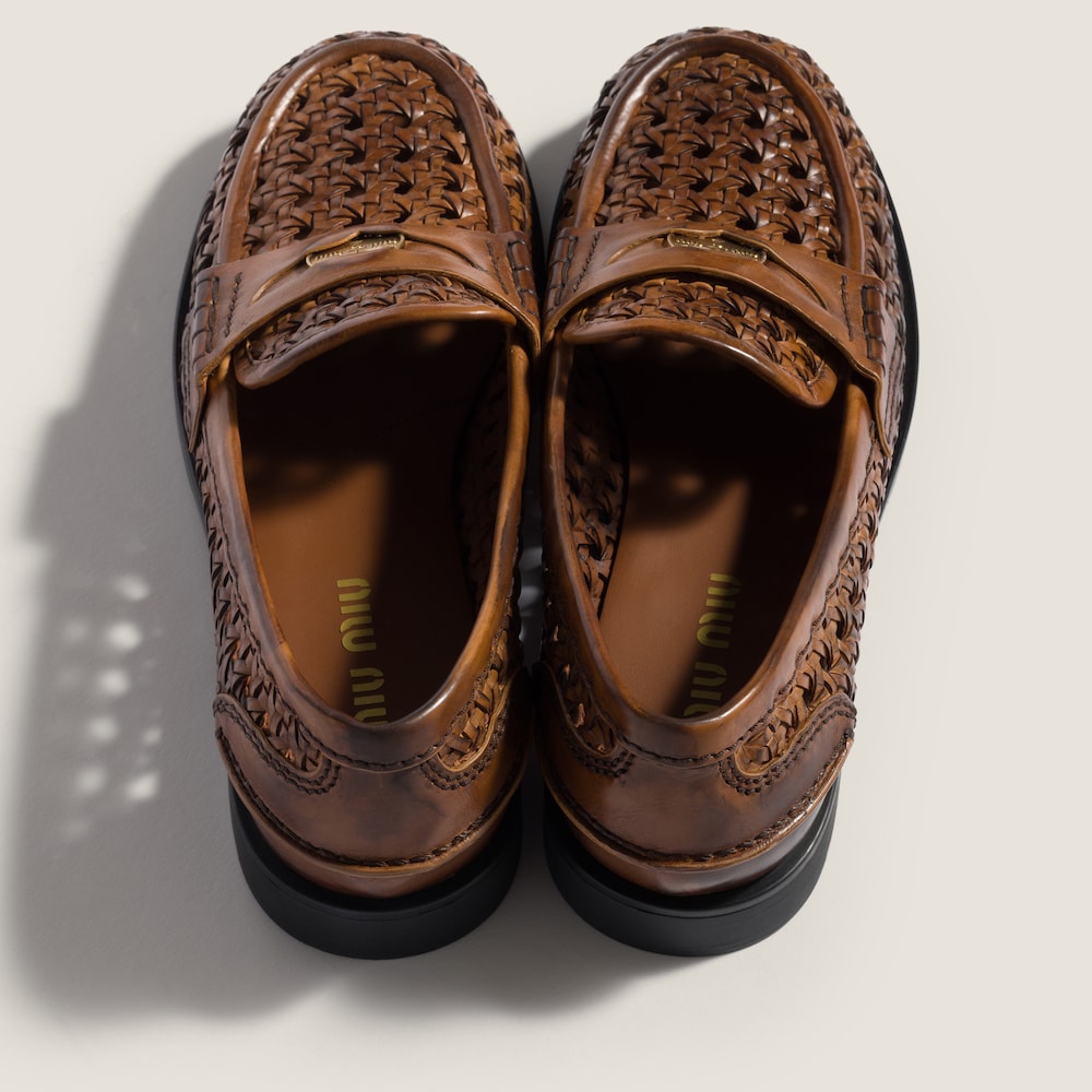 Miu Miu Woven leather loafers Cognac
