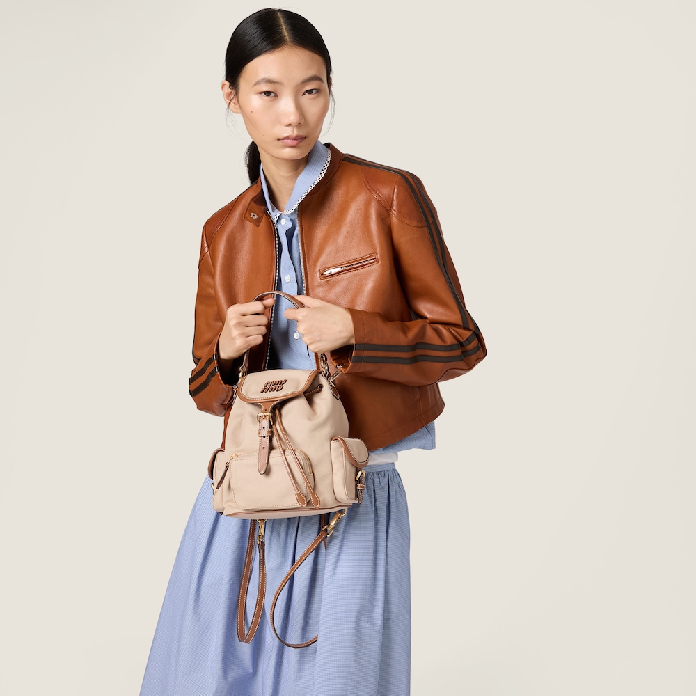 Miu Miu Canvas and leather backpack Cord Beige / Brandy