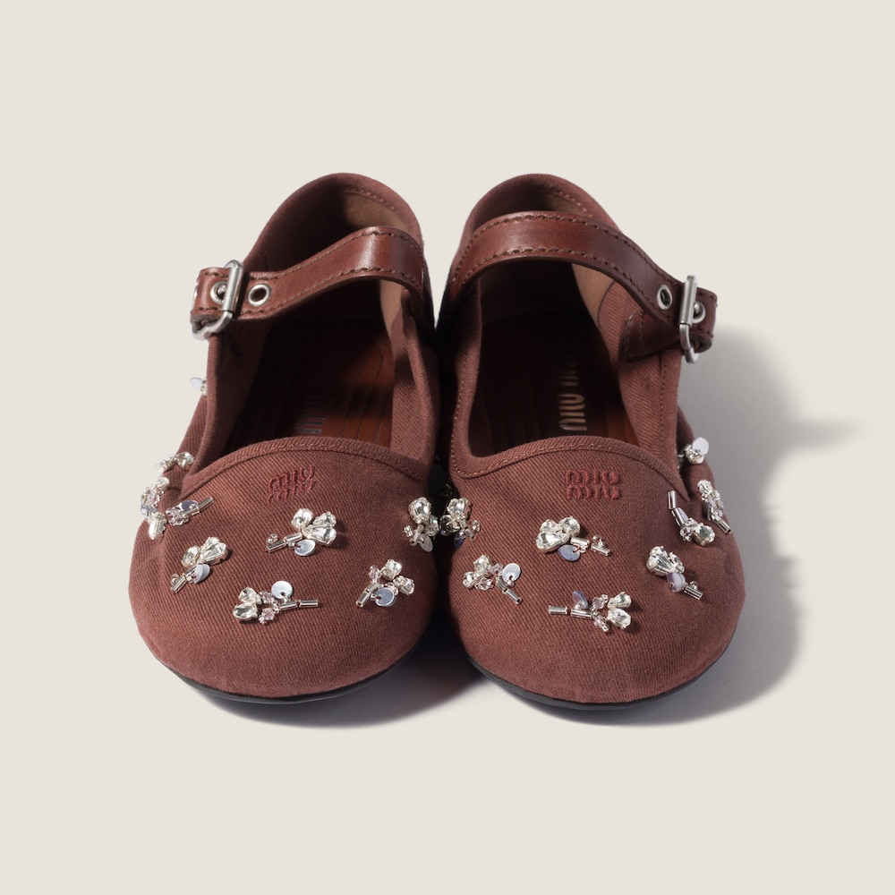 Miu Miu Embroidered drill ballerinas Cocoa Brown