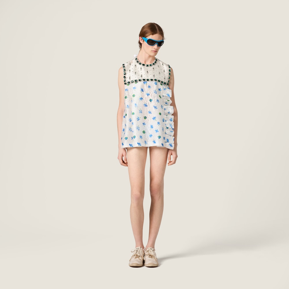 Miu Miu Cloqué mini-dress with crystals White / Light Blue