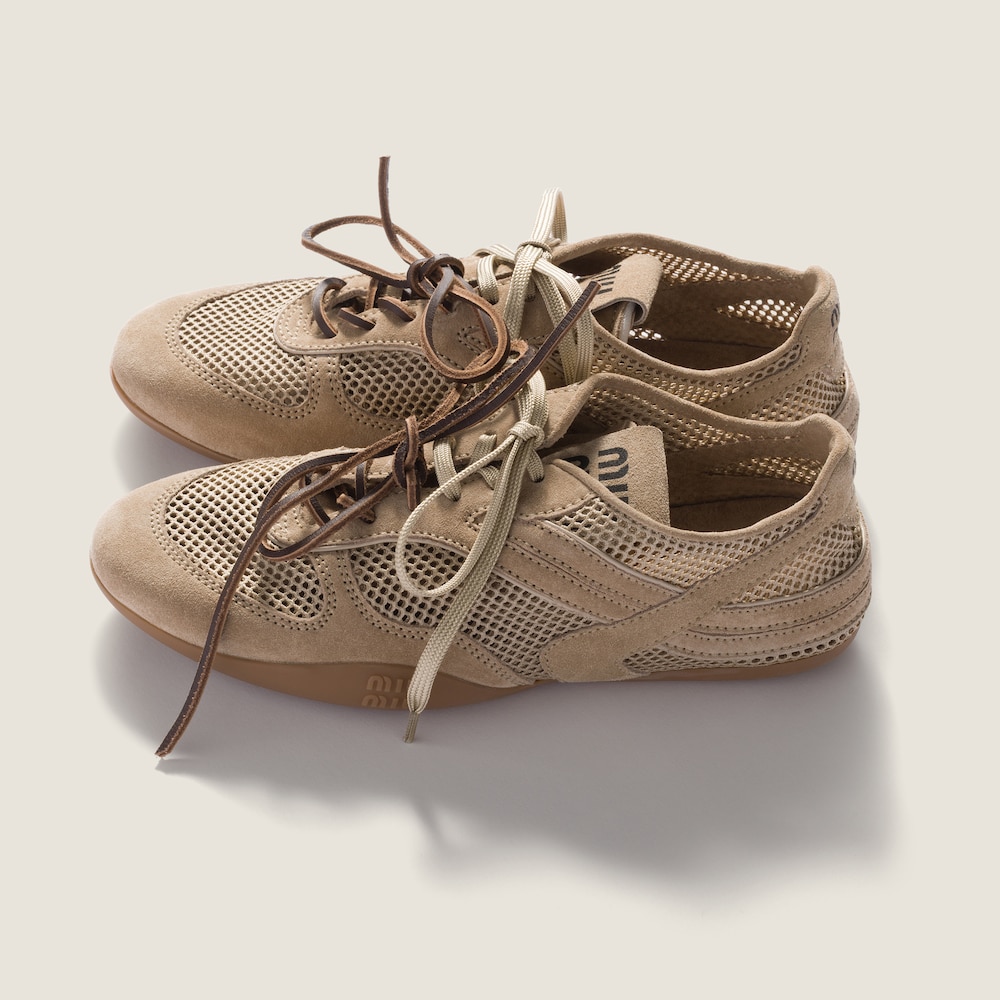 Miu Miu Gymnasium mesh and suede sneakers Desert Beige