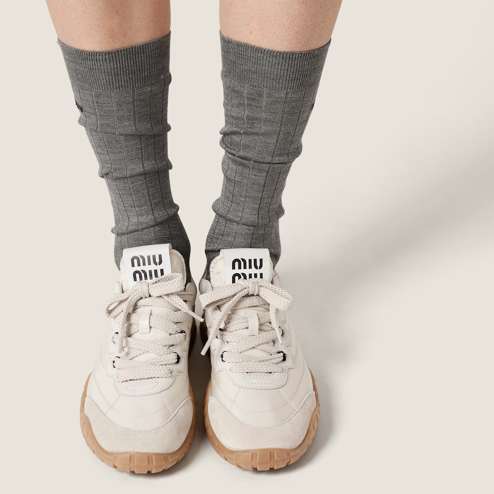 Miu Miu Tyre technical fabric and suede sneakers Ivory