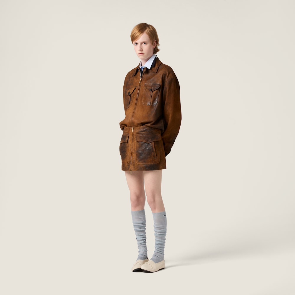 Miu Miu Waxed suede leather mini-skirt Cognac