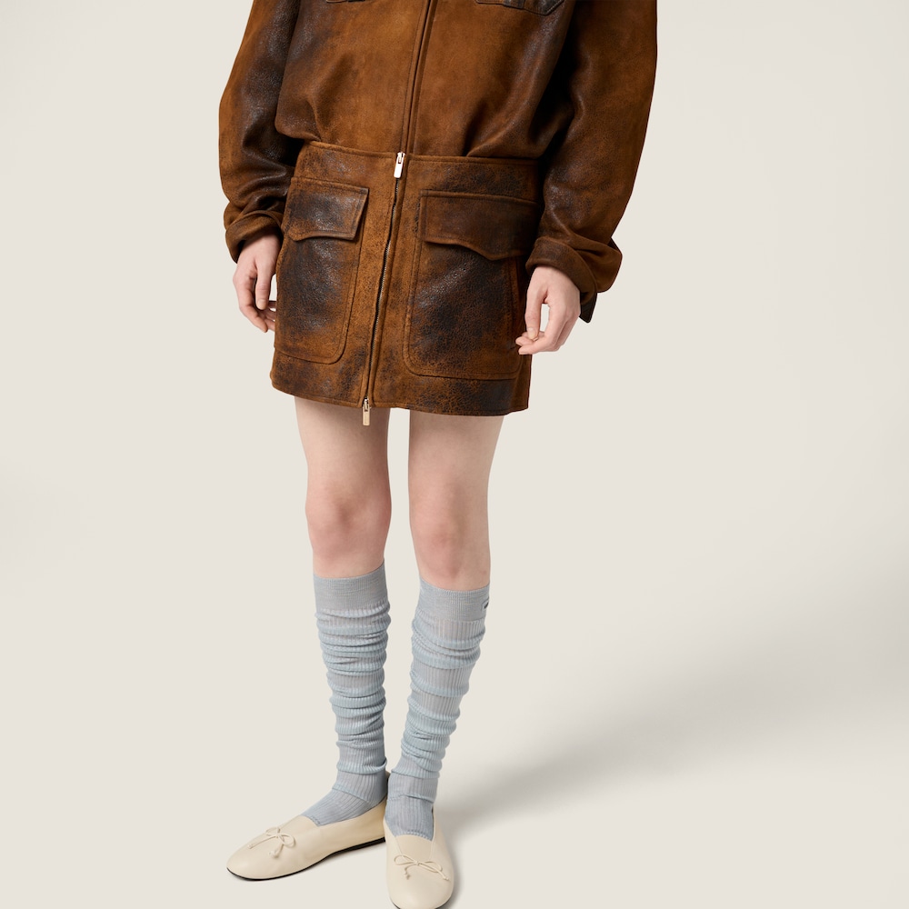 Miu Miu Waxed suede leather mini-skirt Cognac