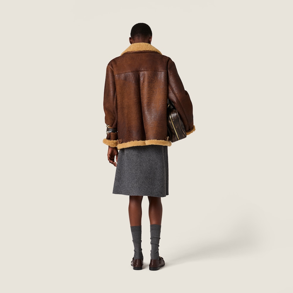 Miu Miu Waxed shearling blouson jacket Dark Brown