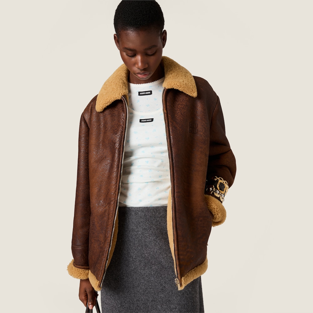 Miu Miu Waxed shearling blouson jacket Dark Brown