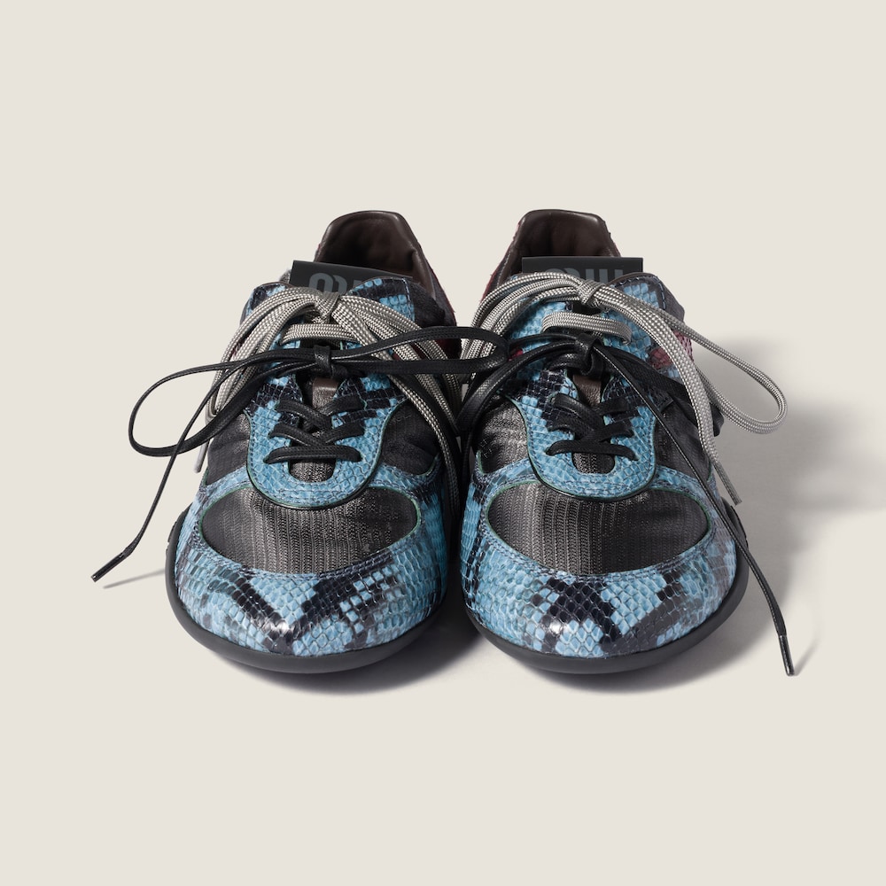 Miu Miu Gymnasium technical fabric and python-print Ayers leather sneakers Slate Gray / Astral Blue