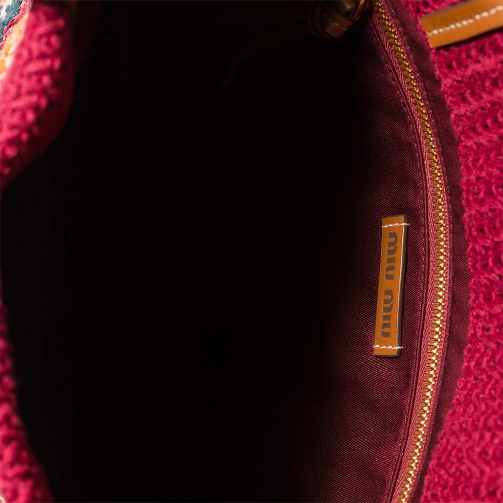 Miu Miu Raffia-effect woven tote bag Bordeaux / Teal / Natural