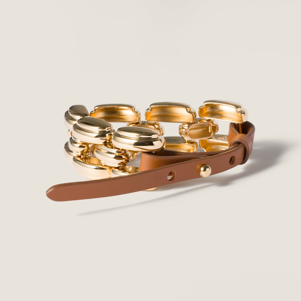 Miu Miu Metal and leather bracelet Gold / Cognac