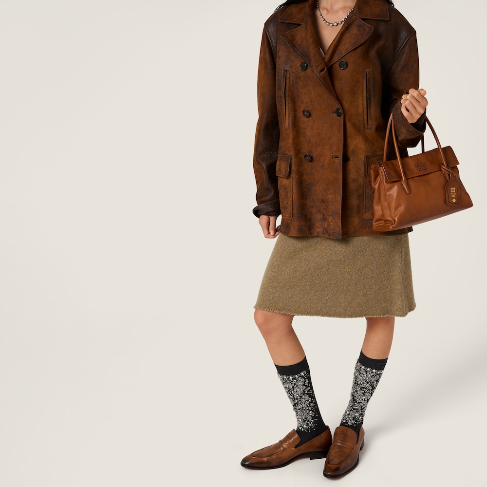 Miu Miu Double-breasted waxed suede caban jacket Cognac